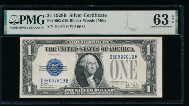 AC 1928B $1 Silver Certificate PMG 63 EPQ D-B block UNC  Fr 1602!!!