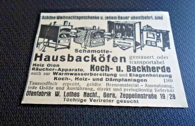 Kleine alte Reklame Werbung um 1930, Hausbacköfen Ofenfabrik Lothes Gera