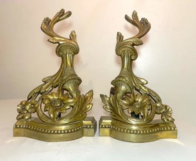 pair of antique ornate Rococo bronze brass cast iron fireplace  flower andirons