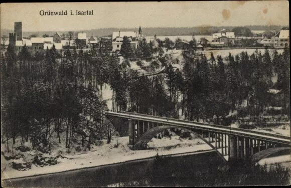 Ak Grünwald bei München, Isartal, Ortsansicht, Brücke, Winteransicht - 4003156