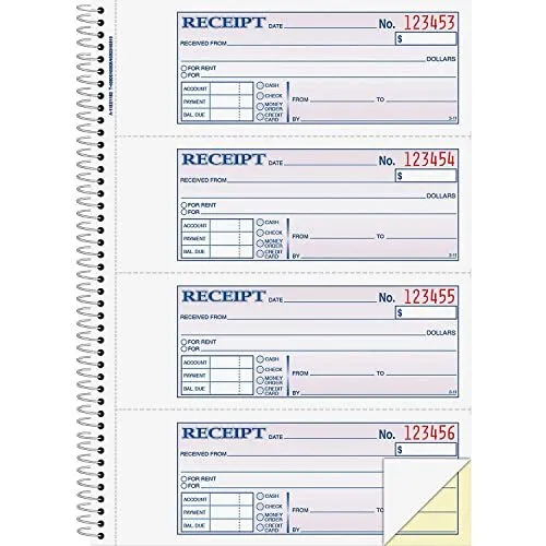 Adams Money and Rent Receipt Book 2-Part Carbonless 7-5/8" x 11" Spiral Bound...