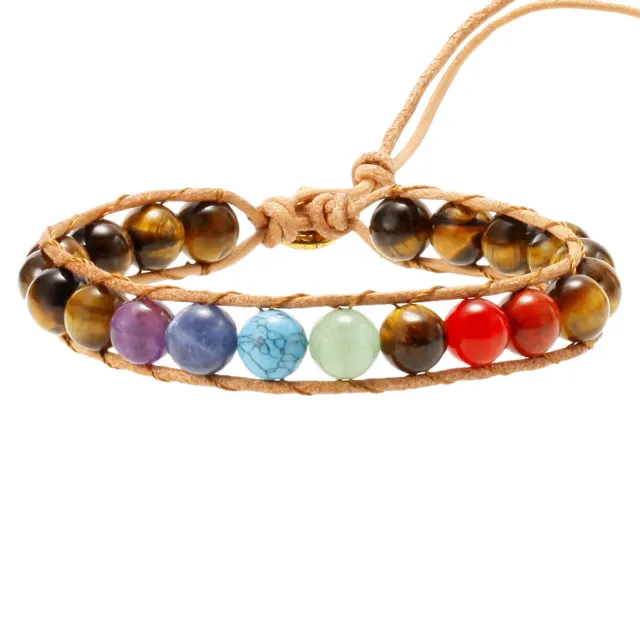 7 Chakra Natural GemStone Beads Bracelet Leather Rope Yoga Healing Reiki Amulet