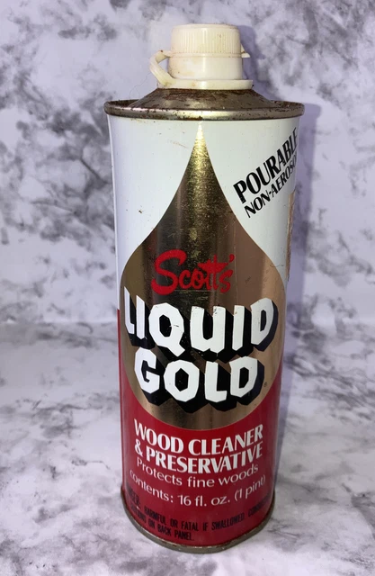 1 Vintage SCOTTS LIQUID GOLD Metal Can Wood Cleaner Preserver Pourable 16oz PROP