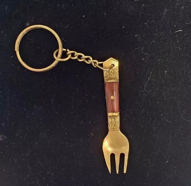 Vintage Metal Dark Wood Brass Miniature Fork Key Chain 1980's