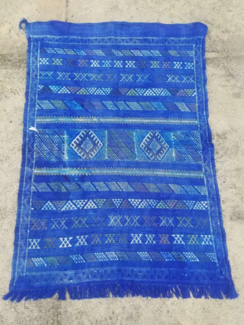 Lana oriental tradicional hecha a mano azul Kilim 4,5x3 ft fina envejecida vintage tradicional hecha a mano 2