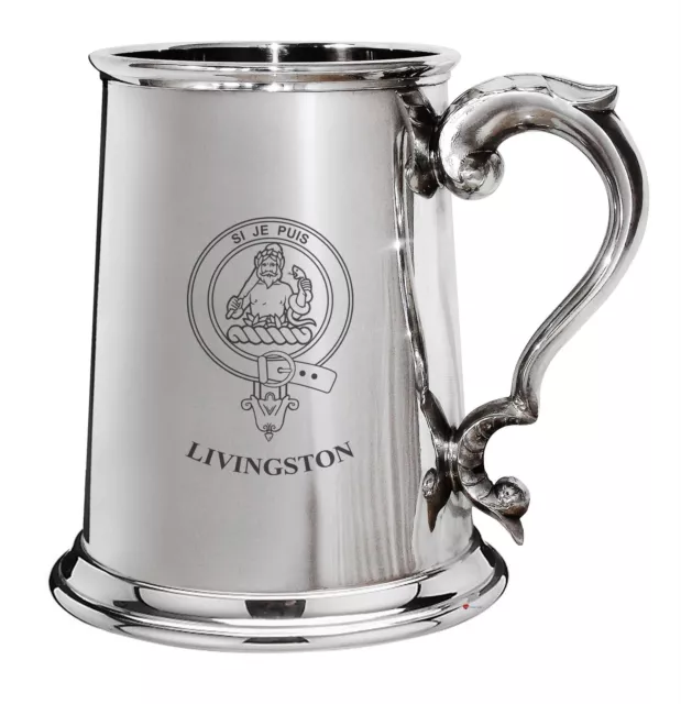 Livingston Family Crest Polished Pewter 1 Pint Tankard with Scroll handle