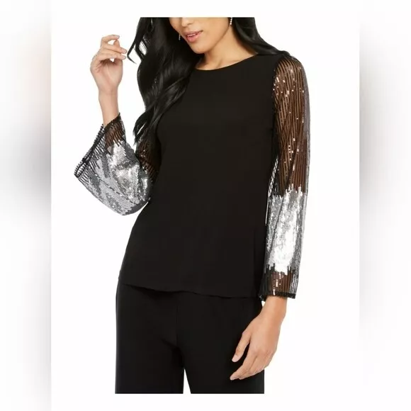 NWT MSK Women's Sheer-Sleeve Sequined Blouse Black Size Petite XL