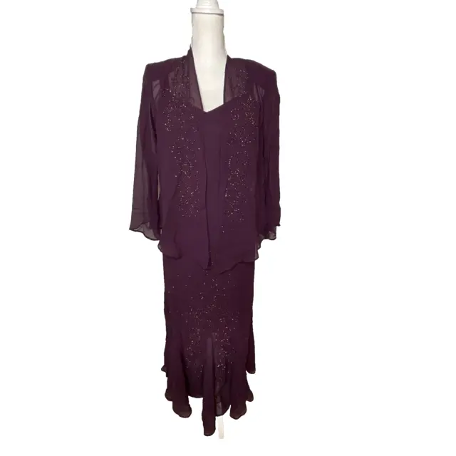 R&M Richards Women's 2-Piece Beaded Long Dress Size 10 Plum