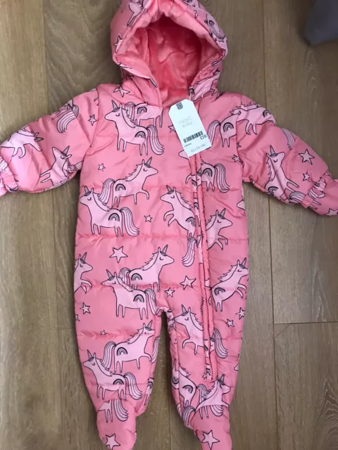 NEXT Baby Girs 3-6 Month Pink Unicorn Pram Suit All In One Snowsuit Fleece Lined