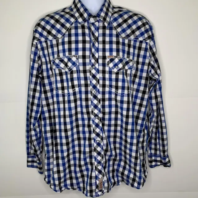 Rafter C Pearl Snap Shirt Long Sleeve Western Cowboy Checkered Blue Mens Size XL