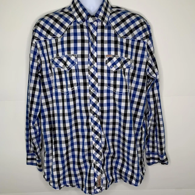 Rafter C Pearl Snap Shirt Long Sleeve Western Cowboy Checkered Blue Mens Size XL
