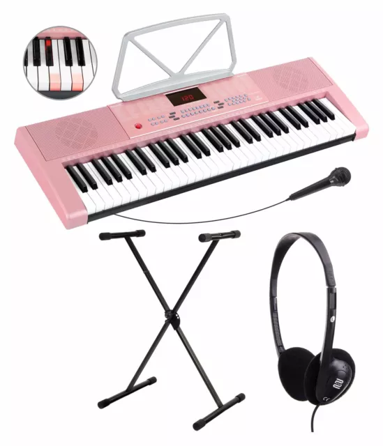 Pinkes Keyboard mit 61 Leuchttasten und Mikrofon im Set mit Ständer & Kopfhörer