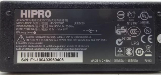 HIPRO MOODEL: HP-OK065B13 alimentatore 18,5 V-3,5 A MAX:65 #NT3477