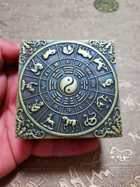Brass Taiji INK CARTRIDGE Chinese Zodiac Four Treasures Study Inkstone Taoist