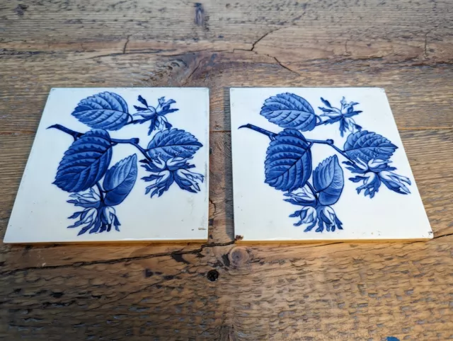 2 x 19th C blue and white Copeland tiles, hazel image, antique exc cond for age