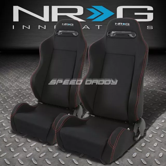 2 X Nrg Type-R Fully Reclinable Red Stitch Racing Seats+Adjustable Slider Black