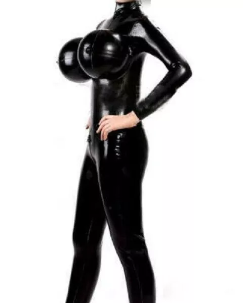 100% Latex Rubber Gummi Black Catsuit Bodysuit Suit 3D Chest Zentai 0.4mm S-XXL