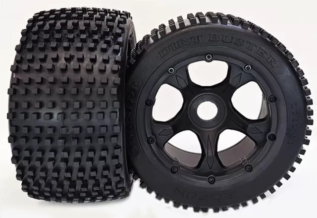Oz Store Rovan Rear Wheels 5 Spoke with v2 Dirt Buster /Block Tyres ft KM HPI 5B