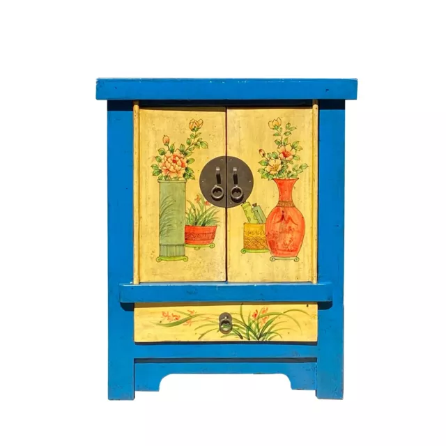 Chinese Rustic Bright Blue Yellow Graphic End Table Nightstand cs7355