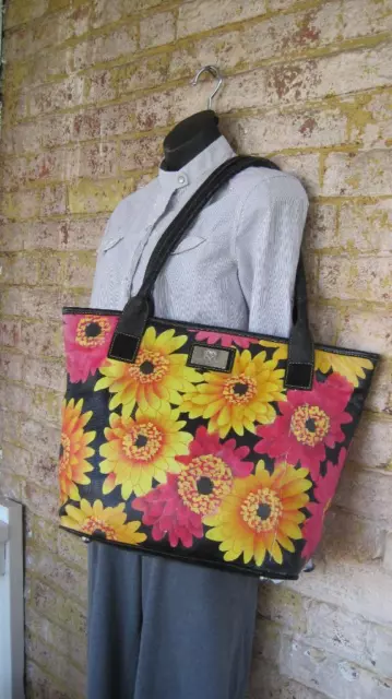 Sharif Flower Printed Leather Large Tote Shoulder Bag Yellow Red Yellow Black