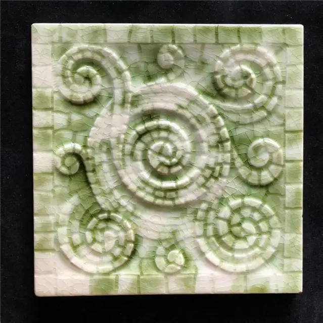 Anitque American Encaustic Victorian 6"  Green Mosaic Swirl Pottery Tile Ohio