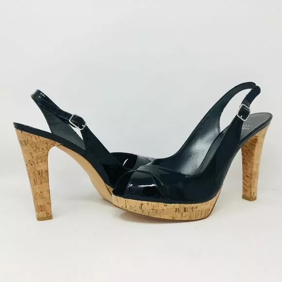 Stuart Weitzman Exsling Black Patent Women Platform High Heels Sandals Size 10 M