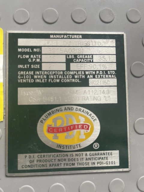 PDI Certified Grease Trap Interceptor 35 lbs Oil Capacity, 15 GPM Rate Flow