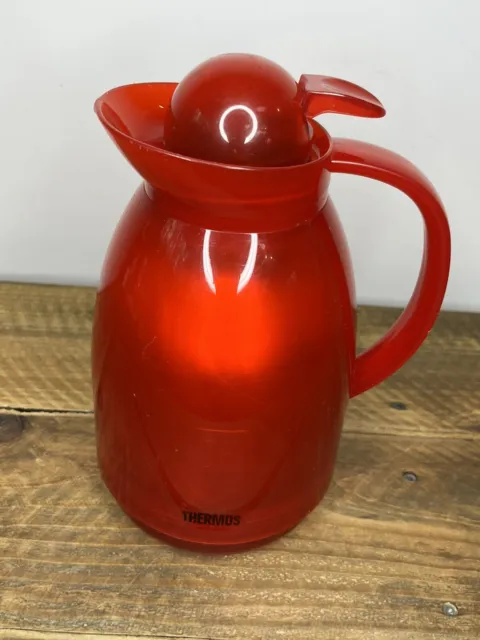 Vintage Thermos Brand Insulated Glass Red Plastic Carafe Jug 1 Liter