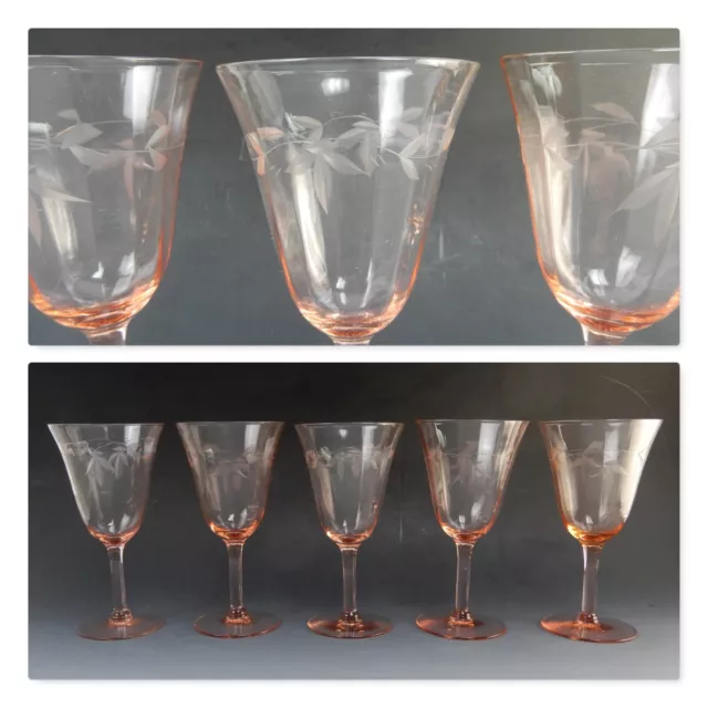 Set Of 1950's 5 Pink Optic Depression Footed Etch Glass Wine Glasses 8oz