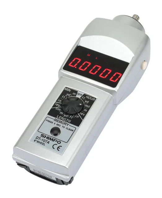 SHIMPO DT-107A Contact Style Digital Handheld Tachometer, LED, 6in wheel