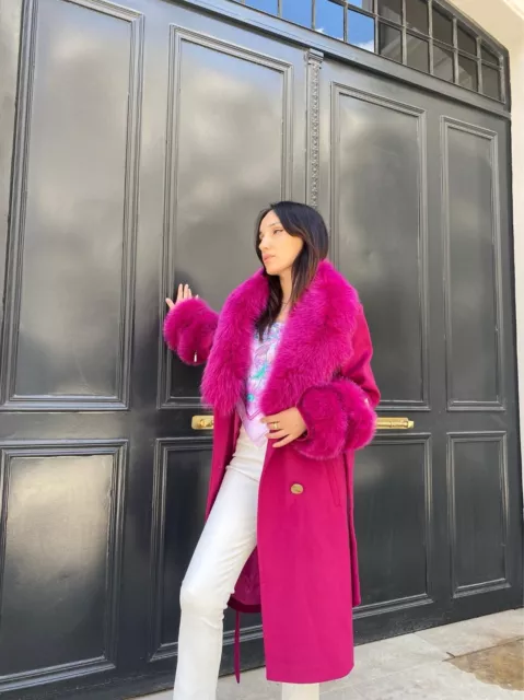 Cashmere Women's Winter Coat Real Fox Fur Long Overcoat Plus Size Chic Fuchsia