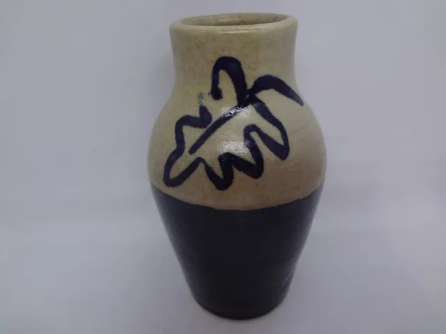 Studio Art Pottery Vase - Signed - Blue, Tan, Leaf - 6" Tall