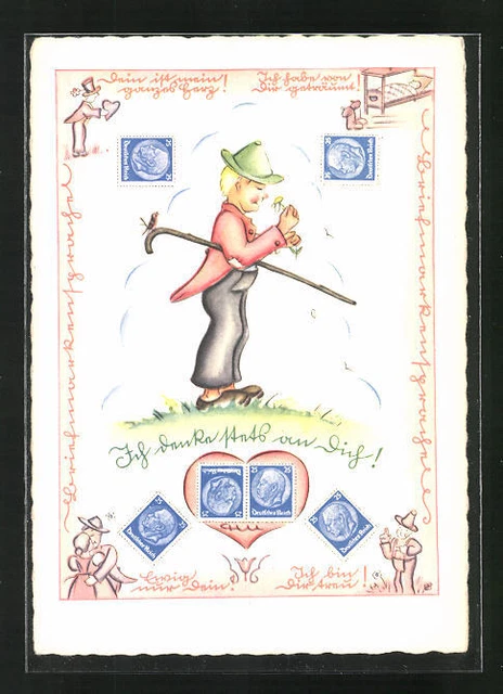 Künstler-AK Briefmarkensprache, Junge mit Spazierstock und Blumen