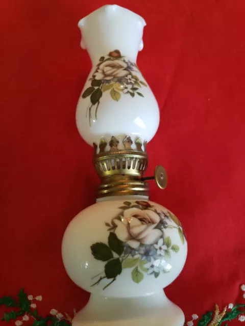 Vintage Oil Lamp Minature Vintage Roses Milk Glass