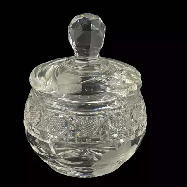 Vintage Heavy Cut Glass Jam Relish Jar Mustard Pot & Lid Etched Flowers