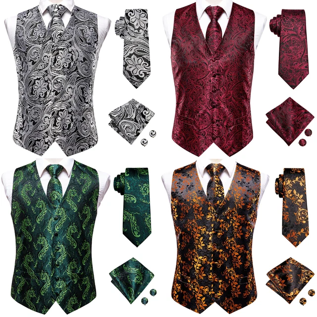 Mens Paisley Waistcoat Casual Wedding Vest Silk Tie Set Casual Formal Tops Suit