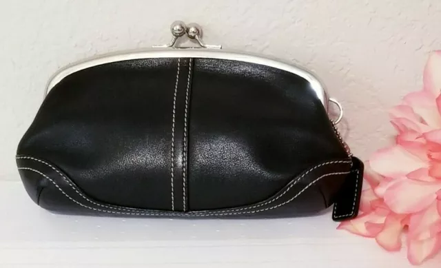 COACH VINTAGE SOHO Curved FRAMED Kiss-lock BLACK GLOVE LEATHER SMALL COIN PURSE