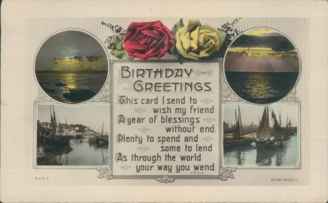 Birthday greetings 2 inset sunset scenes & 2 harbour scenes rotary