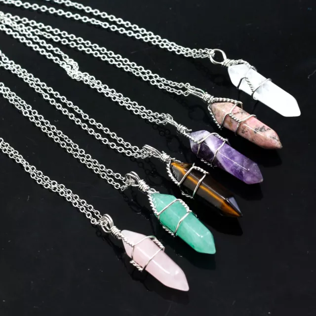 Hexagonal Pendant Point Reiki Chakras Wire Wrap Healing Gemstones Chain Necklace