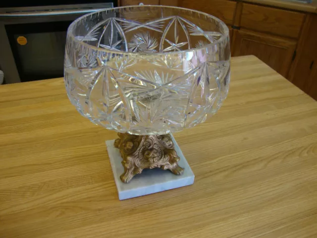 Vintage Clear Crystal With Metal Base Marble Stand Fruit Bowl Candy Dish Compote