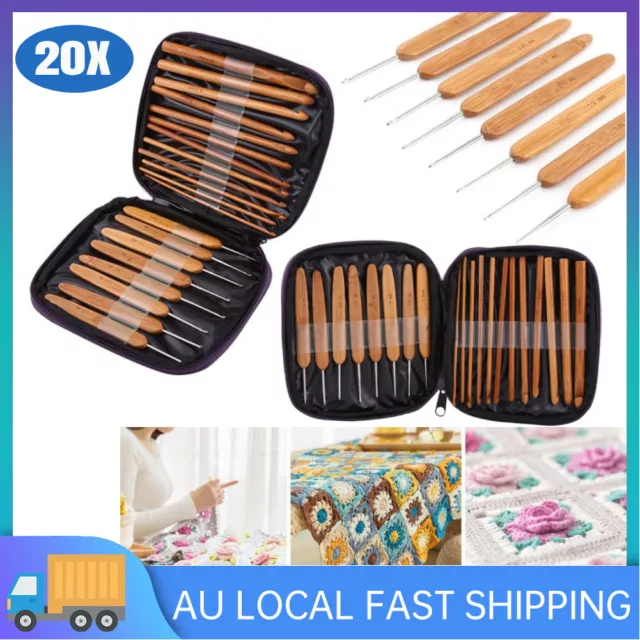 20x Bamboo Crochet Hook Set Handle DIY Wooden knitting needle with Bag 1-10mm