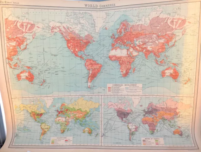 .1922 INTERESTING LARGE MAP THE WORLD. COMMERCE, OCCUPATIONS, MEANS of TRAFFIC