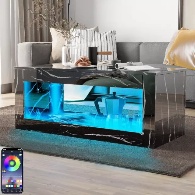 47.2" Modern High Gloss LED Coffee Table, End Table with 16 Colors LED Lights