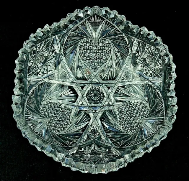 American Brilliant Period Cut Glass bowl ABP Hobstar fan heart shape diamond