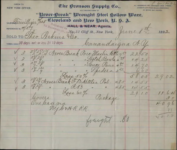 1892 Cleveland Ohio (OH) Receipt The Bronson Supply Co. Theo Perkins & Co.