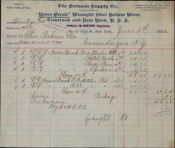 1892 Cleveland Ohio (OH) Receipt The Bronson Supply Co. Theo Perkins & Co.