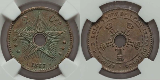 1887 Copper Coin Two Centimes Congo Free State or Belgian Congo Central Hole UNC