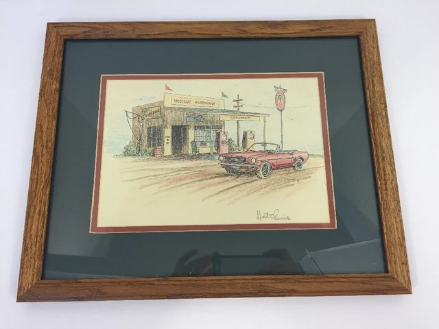 R Don Hutchins "Mustang Restaurant" Wood Frame Matted Signed Color 1995