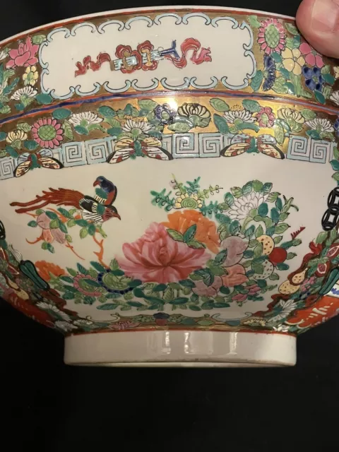Chinese Export Famille Rose Medallion Large Punch Bowl,  14" X 6 1/2"  Wood Base 2