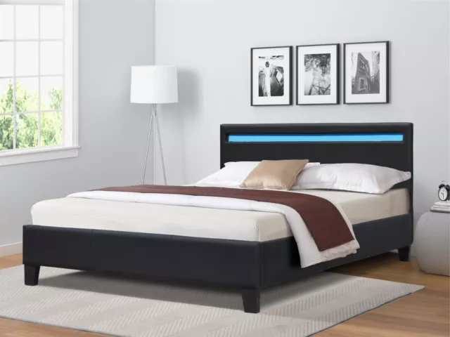 Faux Leather Modern Bed Frame With LED 3ft 4ft 4ft6 5ft